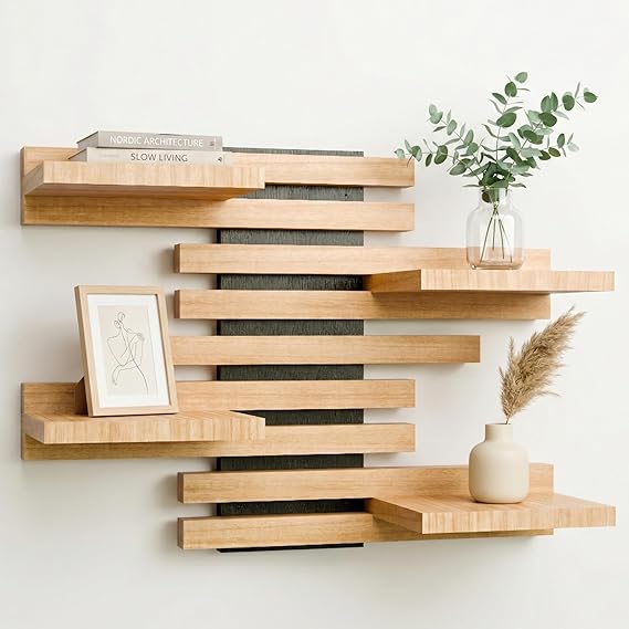 Wooden Floating Shelves for Wall - Modular Design (Black) | Rustic shelving unit, small hanging organiser for bedroom & bathroom. Wood shelf for living room accessories, books or plants