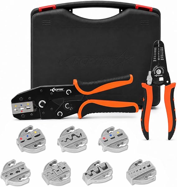 KF CPTEC 9 Piece Crimping Tool Set - Compatible with Heat Shrink Terminals, Open Barrel Terminals, Insulated, Non-Insulated Ferrules and Solar Connectors, Ratchet Crimp Pliers with Replaceable Dies