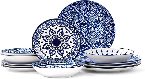 Bestone Ceramic 12-Pieces Dinnerware Sets, Ceramic Dish Plates and Bowls Sets, Dishes Set for 4, Dinner Salad Dessert Plates, and Cereal Bowls Set, Gift,Vintage Blue