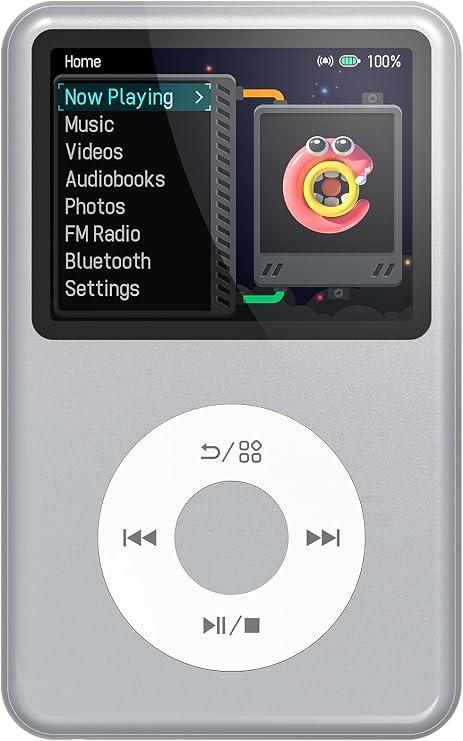 Innioasis Y1 MP3 Player - Timeless Class: 128 GB Bluetooth Video Player Audio Books FM Radio and Touch Wheel Control (Silver)