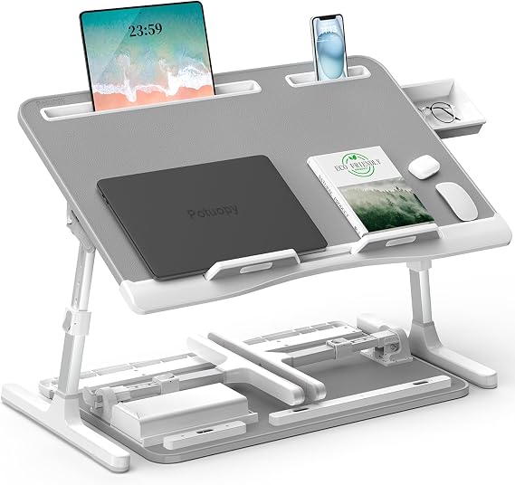 Laptop Bed Desk, Potuopy Leather Adjustable Height Angle Foldable Bed Table, X-Large Laptop Stand for Bed with Eco Wooden Board for Working Reading Eating on Bed Sofa Floor (Grey, 60 * 40cm)