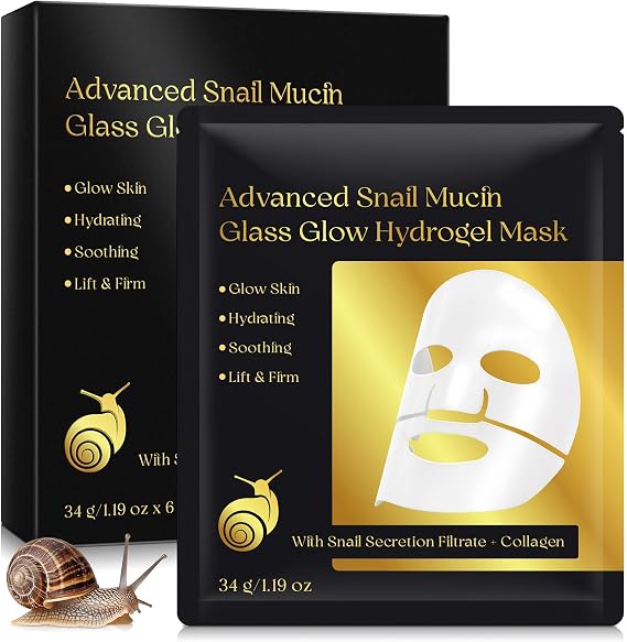 Advanced Snail Mucin Glass Glow Hydrogel Mask, Collagen Face Mask, Deeply Hydrate & Rejuvenate, Hyaluronic Acid for Dry, Korean Skincare for All Skin Types, 6P
