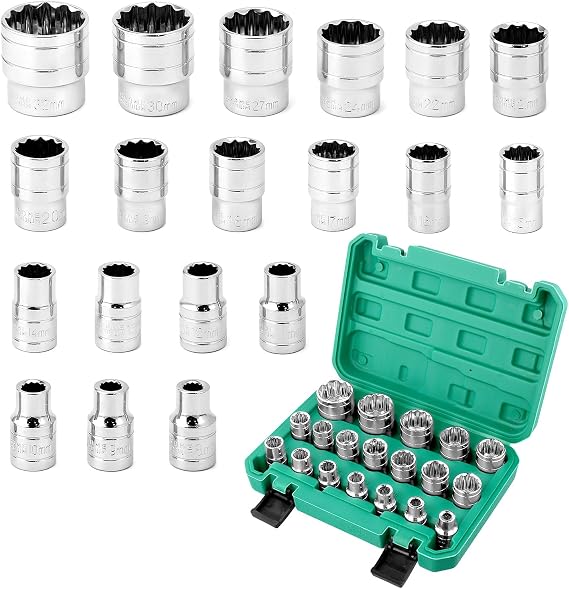 QWORK 19Pcs 1/2" Cr-V Spline Socket Set, 8-32mm 12 Point Socket Set
