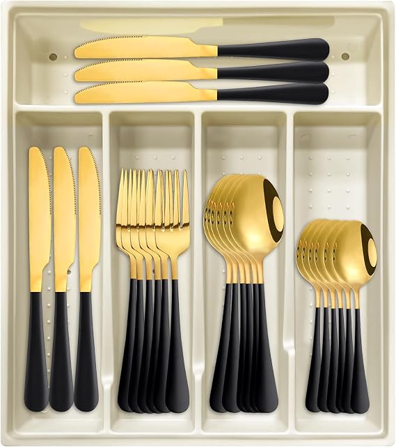 24-Piece Flatware Set with Organizer,Heavy Duty Stainless Steel Silverware for 6,Pink Cutlery Utensil Sets with Antiskid Handle，Rust-Proof Stainless Steel Cutlery, Mirror Polished (Black Gold)
