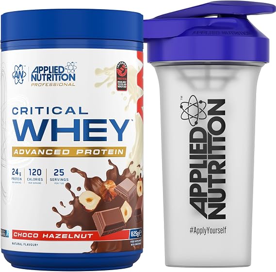 Applied Nutrition Critical Whey Protein Powder 825g + Plastic Shaker - High Protein Powder, Muscle Building Supplement with BCAAs & Glutamine (825g - 25 Servings) (Choco Hazelnut)