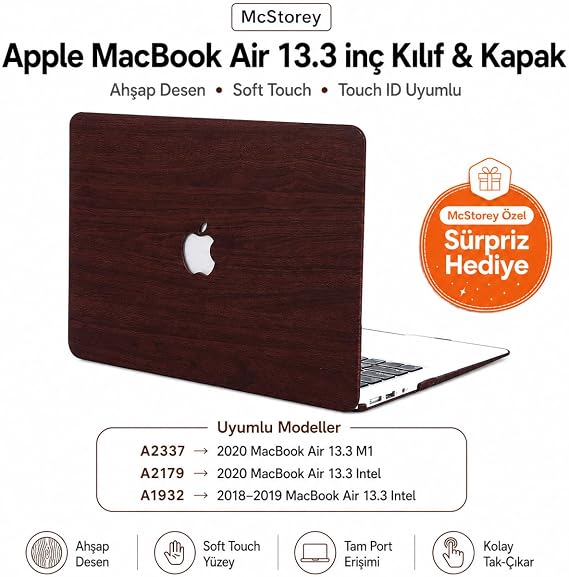 McStorey MacBook Air M1 Kılıfı A2337 Uyumlu 13 İnç Premium Ahşap Desenli Soft Touch Hard Case A2179 A1932 Sert Koruyucu Kapak Çizilme ve Darbe Koruma Kahverengi