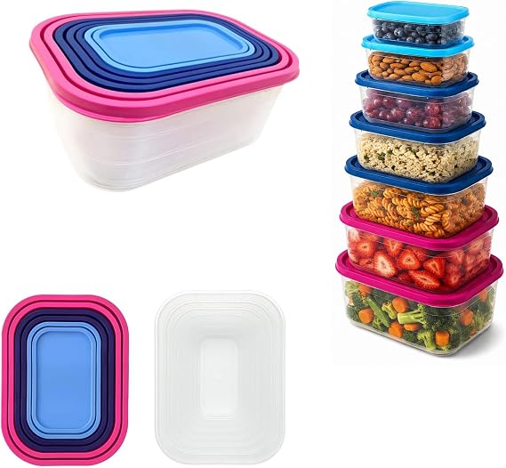 BH | 7 in 1 Food Storage Containers Set | BPA-Free | Stackable | Leak-Proof | Nesting Design | Rectangular Plastic Food Storage Box For Home, Office, Kitchen, School Lunch and Pantry - by BEST HOUSE