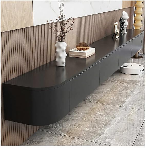 Wall Mounted TV Unit, Floating TV Stand Cabinet, Black Floating TV Cabinet with Doors in Media Wall Unit, Entertainment Storage TV Console for Living Room and Office (Black, 180cm)