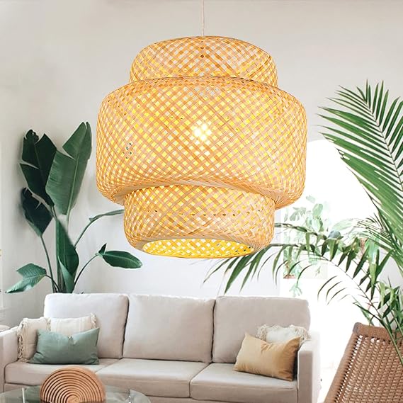 Retractable Handwoven Bamboo Pendant Light Natural Bamboo Chandelier Ceiling Light Ceiling Lamp,Rural Style Chandelier for Dining Room, Tea Room, Living Room