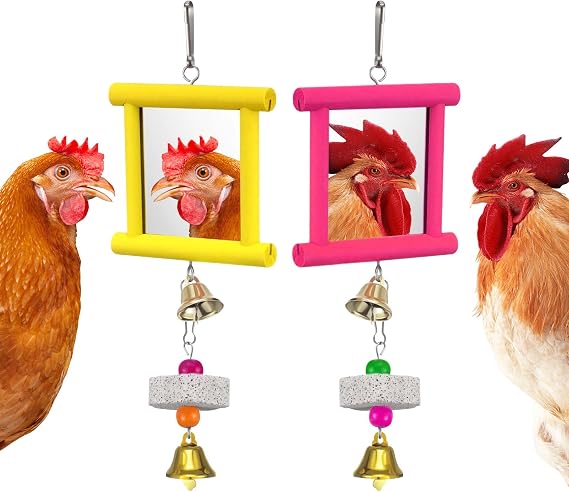 2Pcs Chicken Toys For Hens,Chicken Coop Accessories Chicken Swing Mirror,Bird Mirror For Coop Accessories,Red and Yellow Design for Pecking Entertainment And Boredom Relief