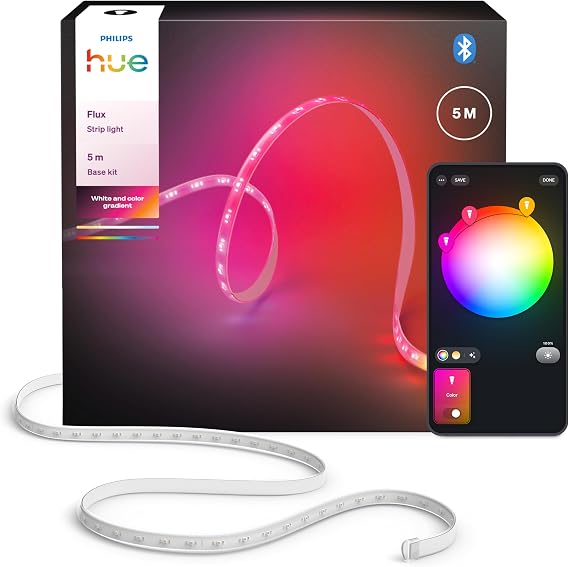 Philips Hue Flux 5 m LED ışık şeridi, 1200 lm, canlı renkler, esnek iç aydınlatma, Chromasync renk karışımı, RGBWWIC, kesilebilir, genişletilebilir, tekrar kullanılabilir, uygulama ve sesli kontrol [Enerji Sınıfı G]