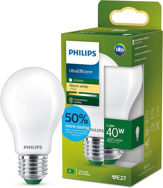 Philips Ultra Efficient - Ultra energy saving lights, E27 LED light source, 40W, A60, warm white, pack of 1, frosted