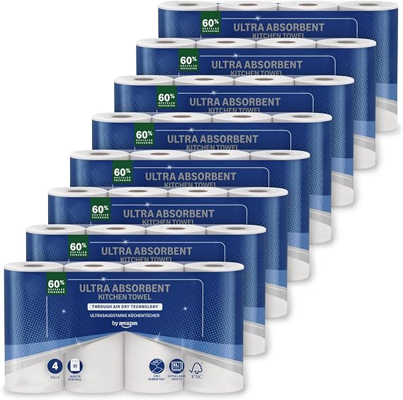 by Amazon TAD Ultra Absorbent Kitchen Roll, 32 Rolls (8 Packs of 4), 51 Sheets Per Roll