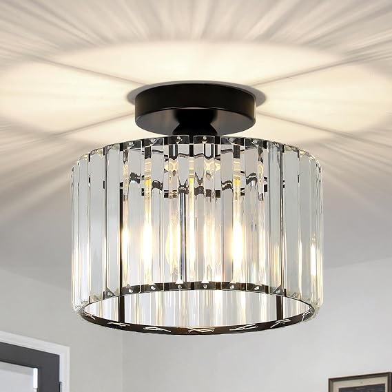 Rayofly Crystal Ceiling Lights - Modern Chandeliers, Black Fitting with Glass Lampshade, Flush Lights for Living Room, Bedroom, Kitchen, Hallway, Bathroom [Energy Class D]