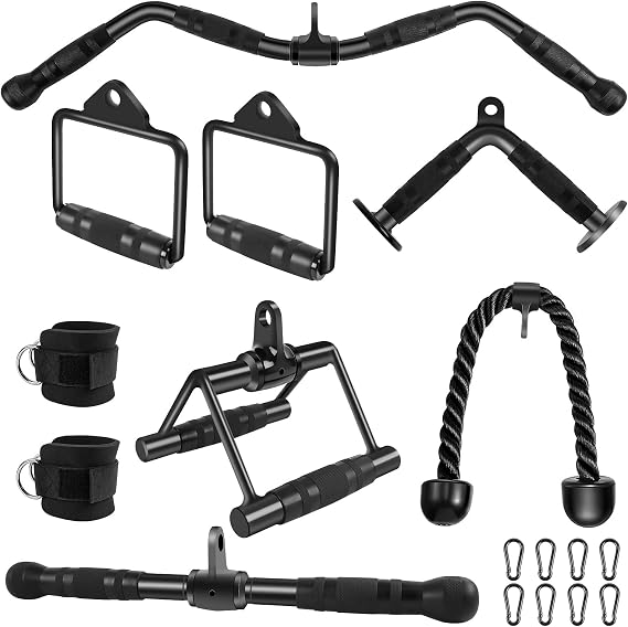 Gym Cable Attachments Set - LAT Pulldown Accessories Weight Training Pulley System for Home Gym, Arm, Biceps Curl, Tricep Workouts