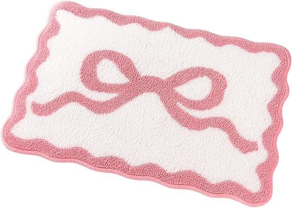 Bow Rug, 40x60cm Cute Bath Mat, Soft Non-Slip Pink Bathroom Accessories, Water-Absorbent Pink Kitchen Accessories for Home Decor