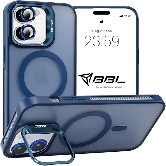 Babilden iPhone için Kılıf Kamera Korumalı Magsafe Wireless Şarj Özellikli Mat Şeffaf Renkli Standlı Kılıf (Lens Hediyeli) (Lacivert, iPhone 12)