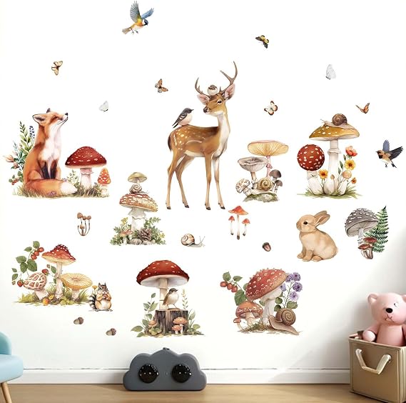 Woodland Animals Wall Stickers for Baby: Peel and Stick Mushroom Deer Fox Rabbit Wall Decals - Wall Decor Art Kids Supplies Ages 1-12 Years