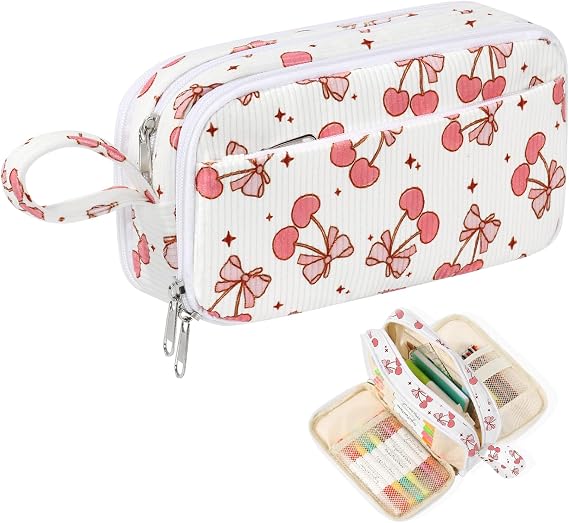 BuyCard Large Pencil Case with Cherries, Cherry Print Corduroy Pen Pouch for Teens Girls, Big Capacity Stationery Organiser for School Office