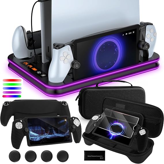 All-in-1 Accessories Bundle for Playstation Portal, P5 Cooling Station/Charger Dock with RGB, Carry Case for P Portal, Silicone Protective Cover, HD Screen Protector, 4 Thumb Grips for P5 Portal
