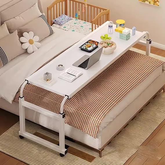 ZAIHW Rolling Bed Table, Over Bed Table with Wheels, Adjustable Height & Length, White, 140*53cm