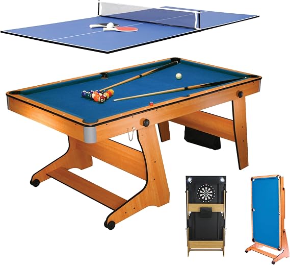 BCE 6ft Folding Pool Table, Table Tennis & Darts - 3-in-1 Multi Games Table