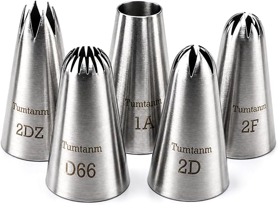 Piping Tips Large Cake Decorating Tools, 5 Pack DIY Flower Icing/ Cake Piping Nozzles Tips Kit for Cupcakes, Stainless Steel, Silver
