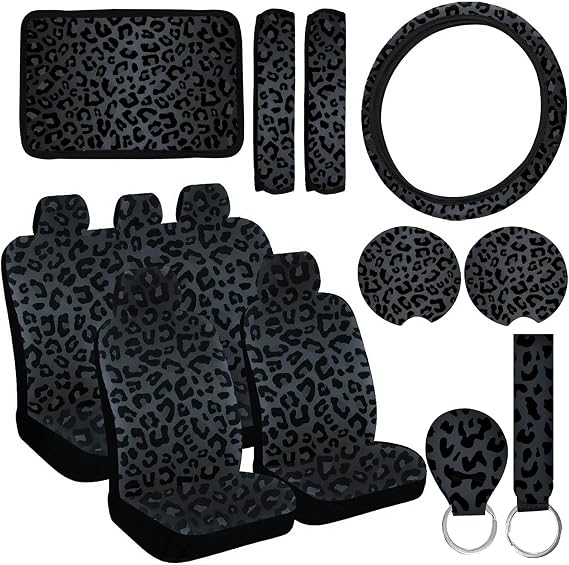 15 Pieces Leopard Print Printing Car Steering Wheel Cover Center Console Armrest Pad Headrest Seat Belt Cover Handbrake Cover Keychain Coaster Full Set Car SUV （Black Leopard Print）