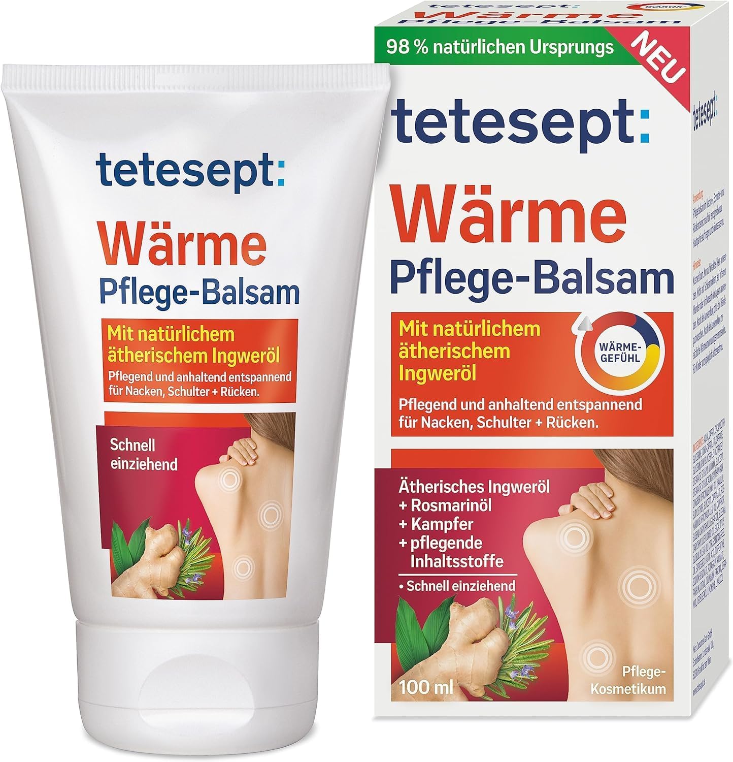 tetesept Heat Care Balm - Nourishing Heat Ointment Relaxes Lasting Neck, Shoulder and Back - With Natural Essential Oils of Ginger and Rosemary - 1 x 100ml Tube