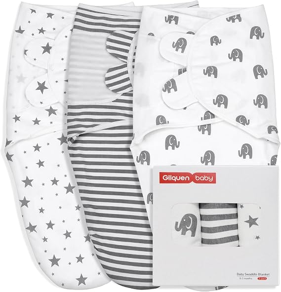 GLLQUEN Baby Girl Swaddle 0-3 Months - 3 Pack Baby Swaddle Bags Newborn Nursery Swaddle Blankets Essentials, Elephant & Stars & Stripes