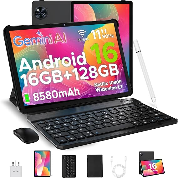 U11 Android 16 AI Tablet with Built-in Gemini, 11" 90Hz IPS Screen, 16GB+128GB (Expandable 2TB), 8580mAh, Octa-Core, Face Unlock|Dual Speakers|13MP+5MP|Widevine L1, Tablet with Keyboard, Mouse&Case