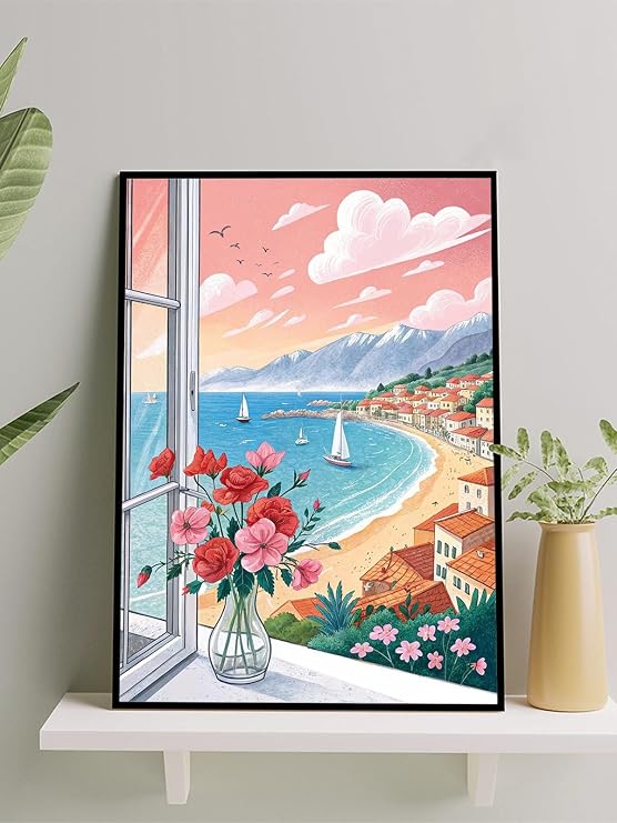Postermanya Window to the Coast, Sahile Açılan Pencere, Sanat Deniz Manzaralı Çerçeveli Tablo - Çerçeveli Poster