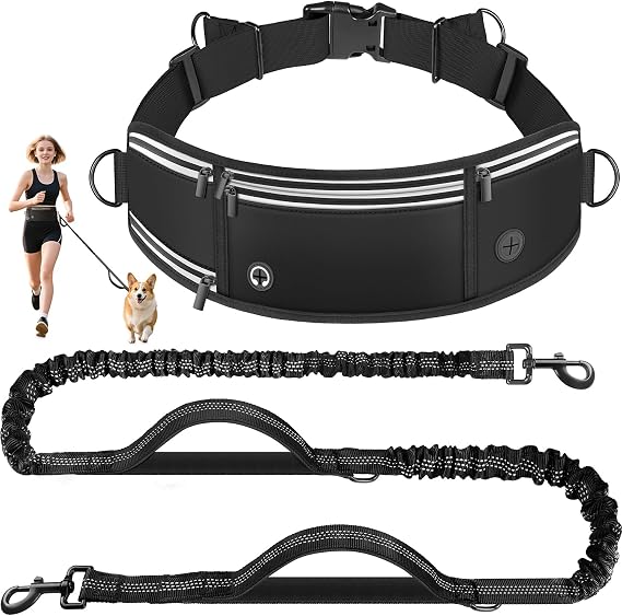 Correa para Perro Manos Libres con Riñonera, Correa Multifuncional con Cinta Reflectante y Doble Asa, para Perros Grandes y Medianos, 1,6-2,2M, Negro