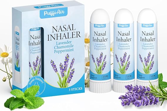 Puffiair ラベンダー鼻スティック 3パック | ピュアラベンダー&カモミールエキス | 睡眠を助け、穏やか&鼻づまりを促進 喫煙者の渇望を緩和