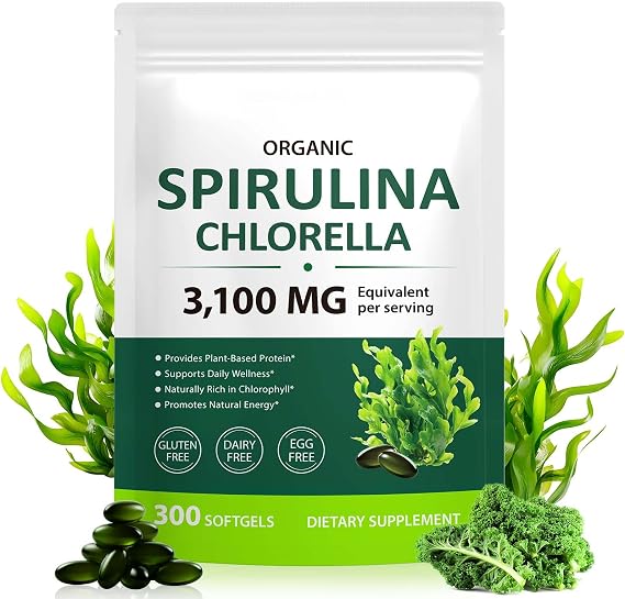Spirulina & Chlorella Softgels - 300 Capsules Spirulina Chlorella Softgels with Barley Grass, Kale & Alfalfa Plant Protein, Vitamins & Minerals, Gluten-Free, Dairy-Free
