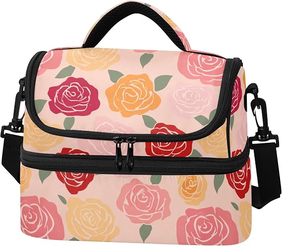 Double-Layer Cooler Tote Bag Magic Rose Floral Red Thermal Reusable Bags with Side Tissue Pocket for Grocery Shopping lonchera termo para comida Caliente