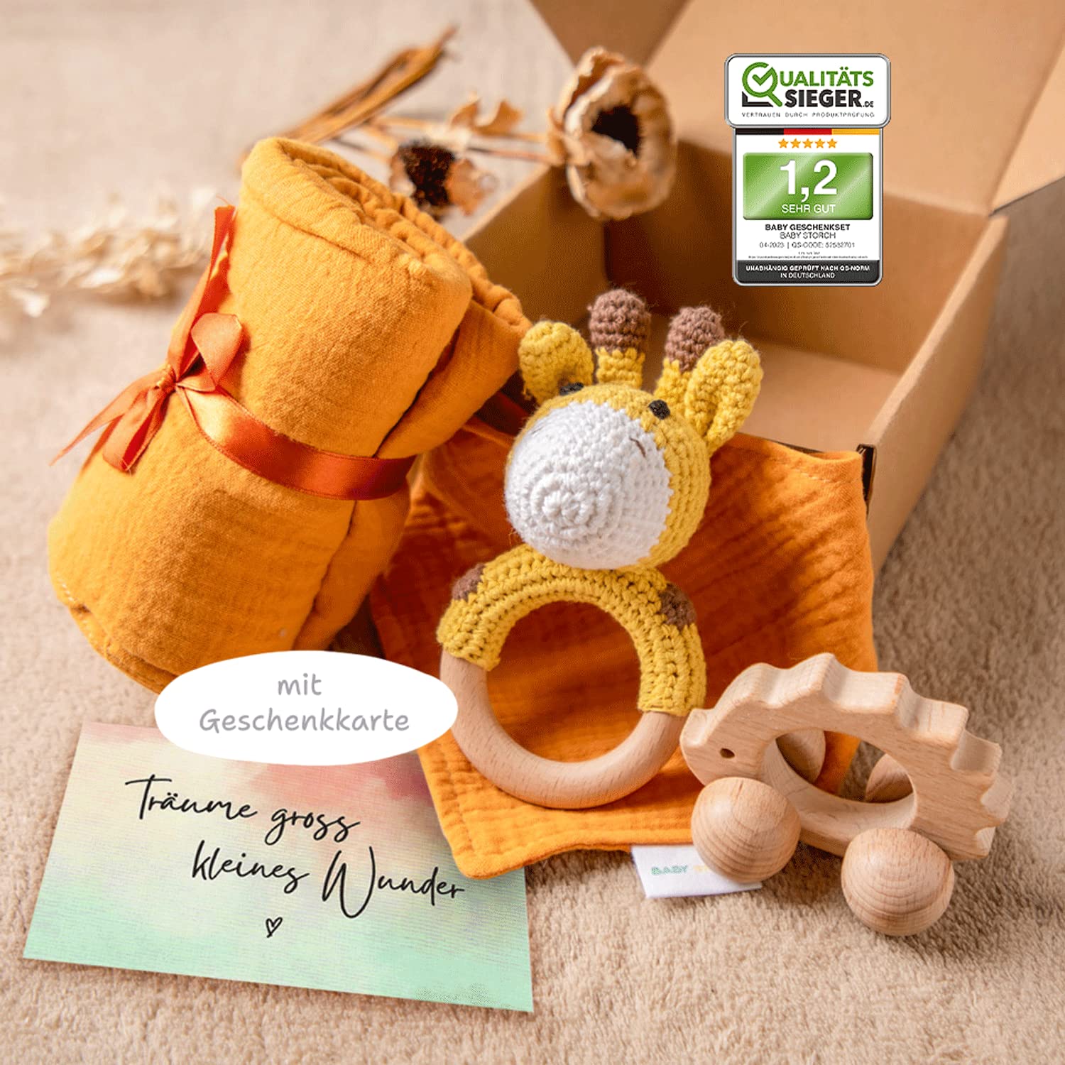 baby storch ® baby gift for birth boy and girl 5-in-1 set - muslin cloth bib wooden toy rattle gift packaging