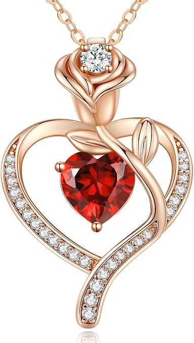 CDE Women's Rose Gold Heart Necklace 925 Sterling Silver Birthstone Gifts for Women with Jewellery Birthday Christmas Valentine's Day Mother's Day Mum