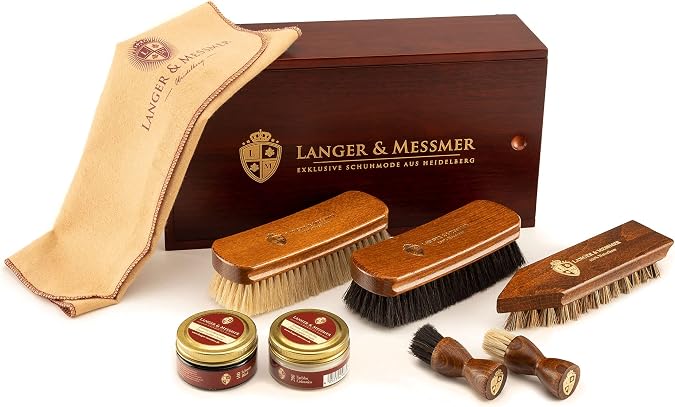 Langer & Messmer Mannheim Wooden Shoe Care Box with 2 Compartments - Available Empty or with a Multi-Piece Care Set