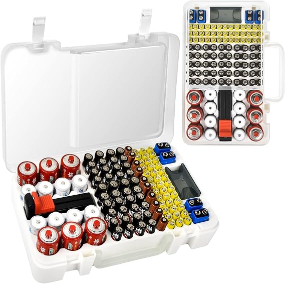 Xuerdon Battery Organizer Storage Case with Tester Checker. Batteries Holder Box Container for 120+ AA AAA 9V C D Lithium CR2025 CR1632 CR2032 Coin Cell Battery with Wall-Mounted Design -Transparency
