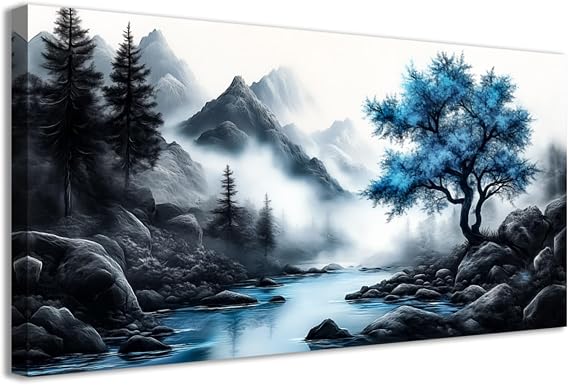 CCWACPP Canvas Wall Art for Living Room Blue Trees and Black and White Landscape Paintings Prints Modern Home Decor for Bedroom Office Framed (20.00 x 40.00 cms)