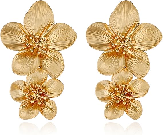 Gold Flower Earrings Double Flower Statement Earring for Women, Large Gold Floral Earrings for Women Boho Jewelry Gift