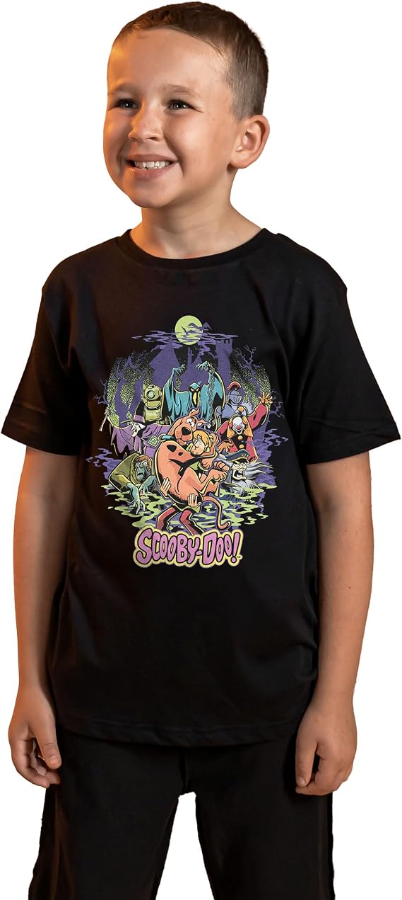 Scooby-Doo! Unisex Kids Black Short Sleeved T-Shirt | Halloween Graphic Tee for Children | Mystery Machine Cartoon Apparel Top | Kids & Teens Spooky Scooby Merchandise Gift