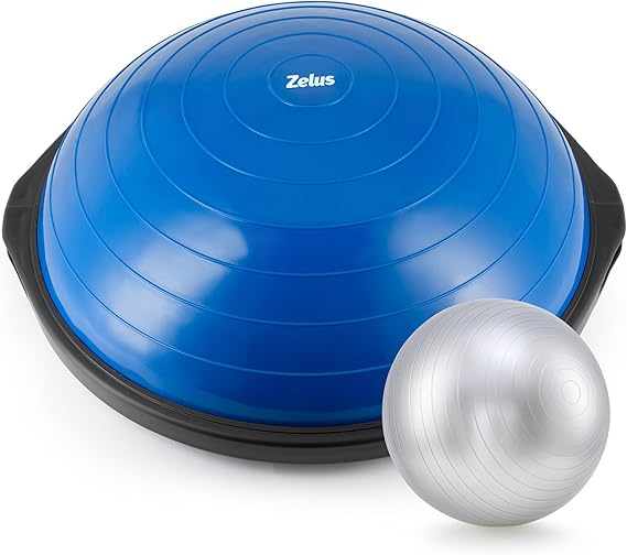 ZELUS 64cm Balance Ball | 680kg Inflatable Half Exercise Ball Wobble Board Balance Trainer w Nonslip Base | Half Yoga Ball Strength Training Equipment w 2 Bands, Pump, Extra Ball Included
