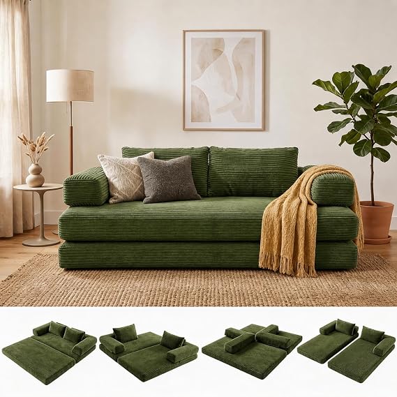 2 Seater Folding Sofa Bed,5in1 Modular Convertible Folding Couch w/ Pillow,Lazy Floor Sofa w/Back Support,Foldable Corduroy Futon Boneless Couch Mattress for Living Room Bedroom Guest Room(Green)