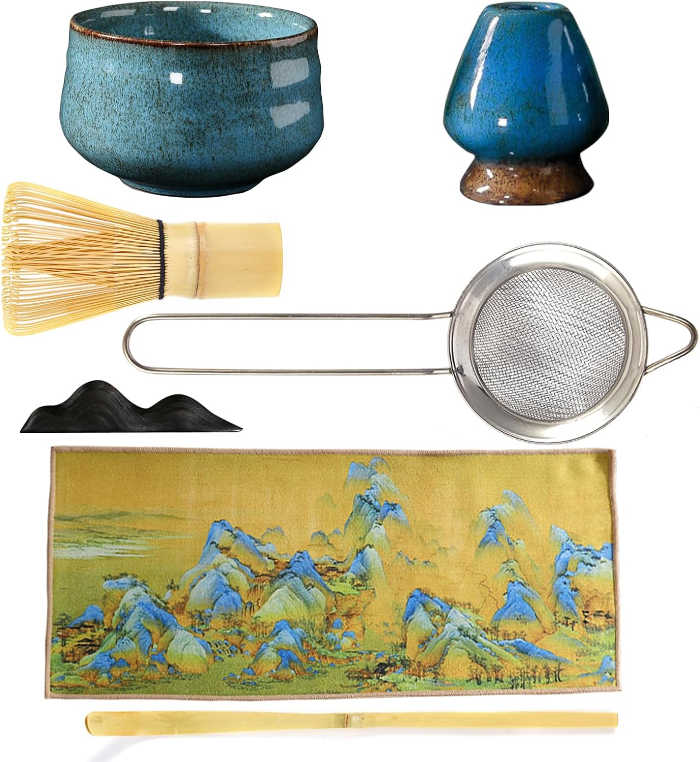 Matcha Tea Set, 7-Piece Japanese Matcha Accessories with Matcha Bowl, Matcha Broom, Matcha Strainer, Spoon, Broom Holder, Matcha Gifts for Matcha Beginners & Lovers (Blue)