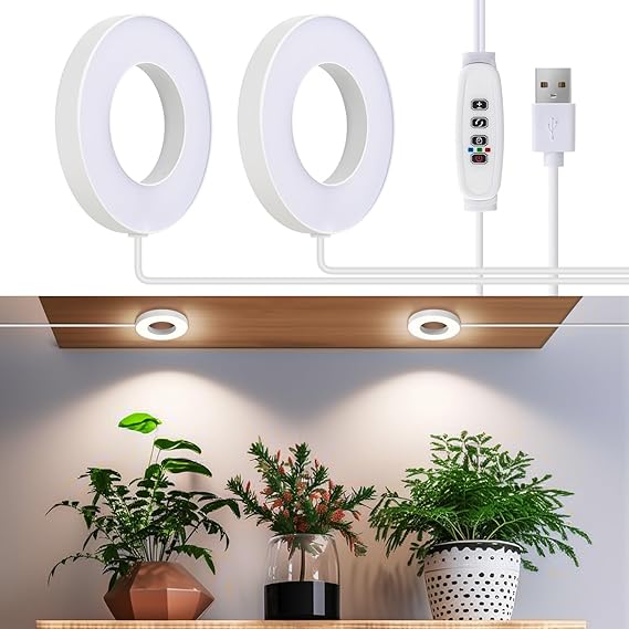 Ceiling Grow Lights for Indoor Plants, 96 LEDs Full Spectrum Halo LED Plant Light, with 3/9/12H Auto Timer Switch, 3 Light Modes,10 Dimming, Plant Lights for Small Plants, 2 Head [Energy Class C]