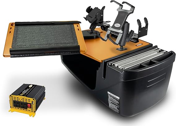 AutoExec Reach Desk フロントシート カーデスク 車両ワークステーションとモバイルオフィス用 サンセットオレンジ 400ワットパワーインバーター、プリンタースタンド、電話マウント、タブレットマウント付き