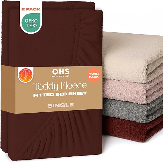 Brentfords 2 Pack Single Bed Sheets, Soft Warm Thermal Teddy Fleece Fitted Sheet Deep Pocket 25cm Fade Resistant Cuddly Cosy Fluffy Teddy Bear Bedding Single 2 Pack, Chocolate Brown