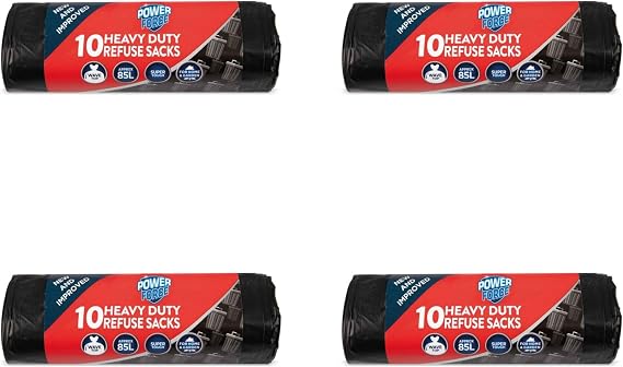 Power Force Heavy Duty Refuse Sacks, Black, 85L Capacity, 10 Count per Pack Total 40 Bags